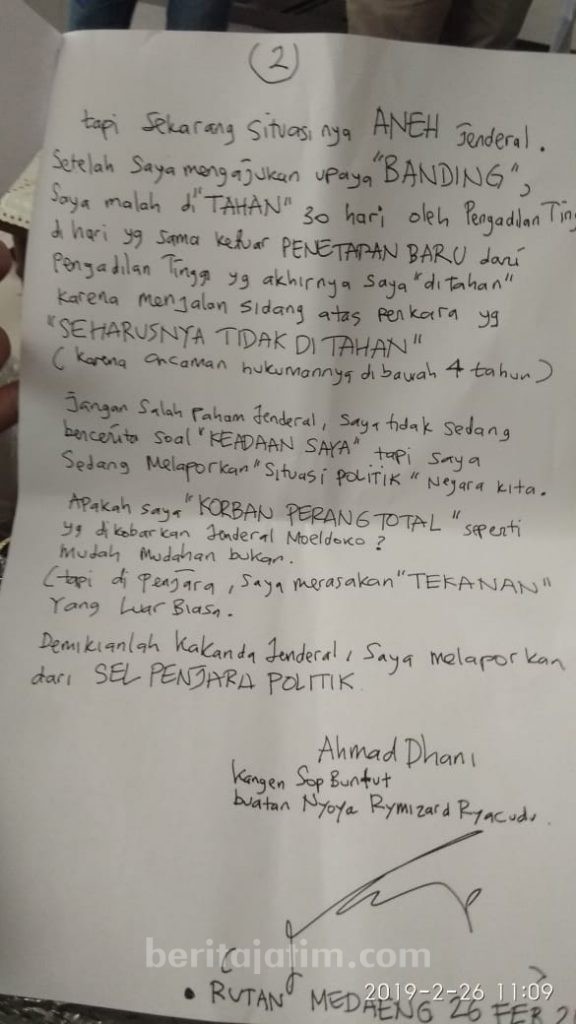 Ahmad Dhani Dalam Suratnya Mengaku Tertekan di Dalam Rutan