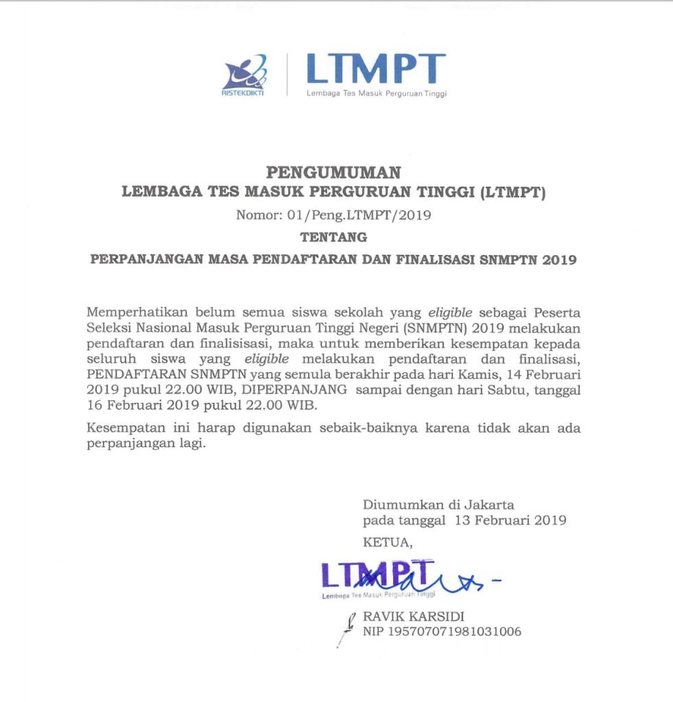 Pendaftaran SNMPTN Diperpanjang Hingga 16 Februari 2019