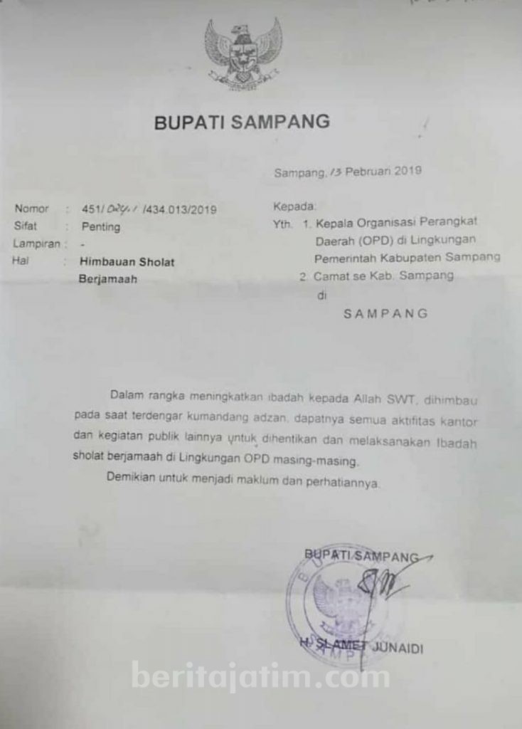 Bupati Sampang Keluarkan Surat Edaran ke PNS Soal Ini