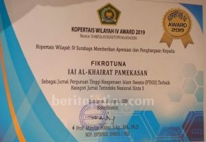 Fikrotuna Raih Penghargaan Jurnal Terbaik Kopertais IV Award 2019