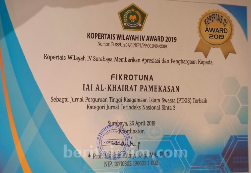 Fikrotuna Raih Penghargaan Jurnal Terbaik Kopertais IV Award 2019