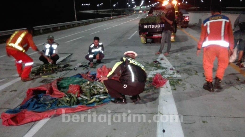 Mobil Pikap Pecah Ban, Sayur Berhamburan di Jalan Tol Nganjuk-Madiun