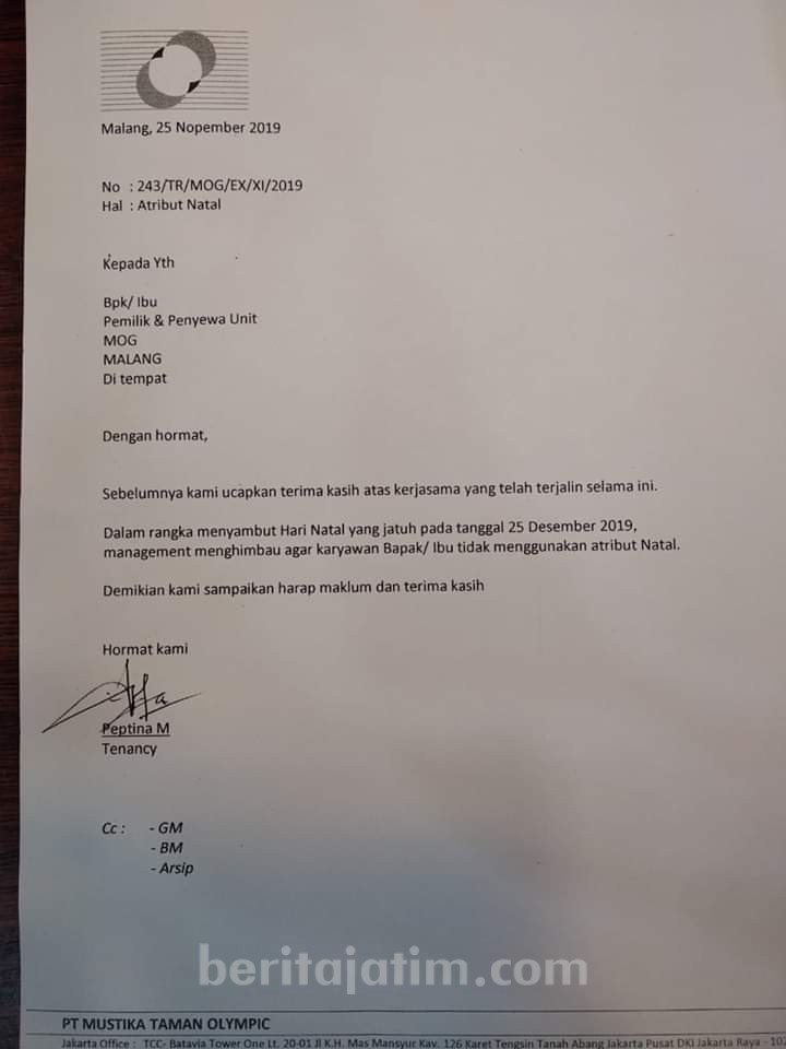 Pengelola MOG Malang Imbau Pegawai Mall Tak Pakai Atribut Natal