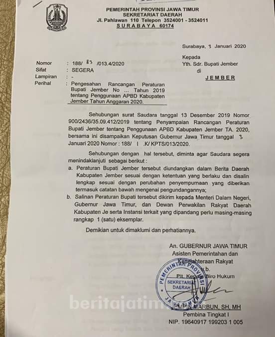 Pemprov Jatim Berharap Bupati dan DPRD Jember Segera Bahas APBD 2020