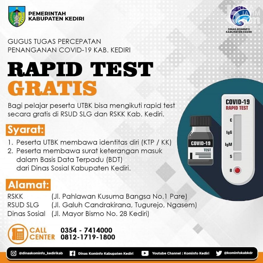 Pemkab Kediri Fasilitasi Rapid Test Peserta UTBK-SBMPTN
