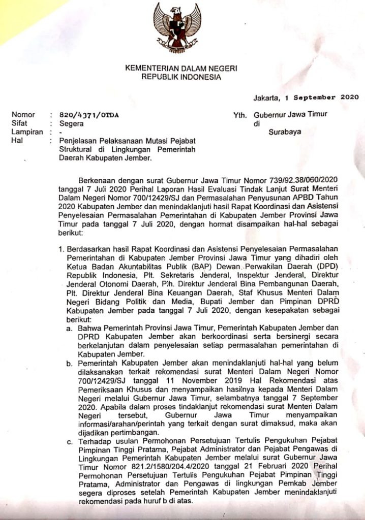 Mendagri Tolak Kukuhkan 611 Pejabat yang Sudah Dilantik Bupati Jember