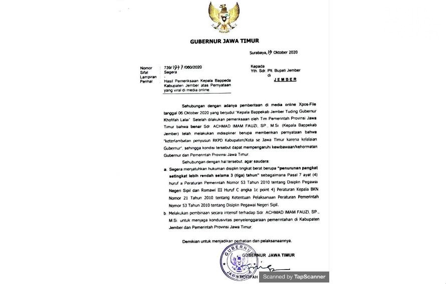 Gubernur Perintahkan Kepala Bappeda Jember Dijatuhi Sanksi Turun Pangkat
