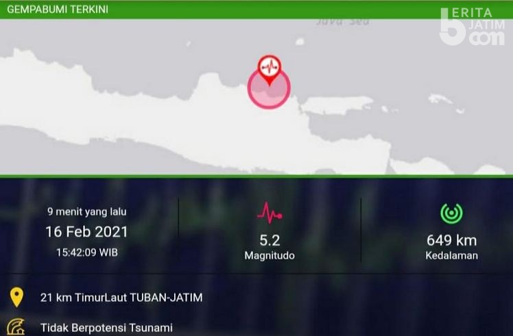 Gempa MAG:5.2 SR di Timur Laut Tuban, Warga Tak Rasakan Getaran