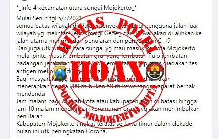 Beredar WA, Masuk Kota Mojokerto Wajib Tes Antigen, Kapolresta: Hoax!!!