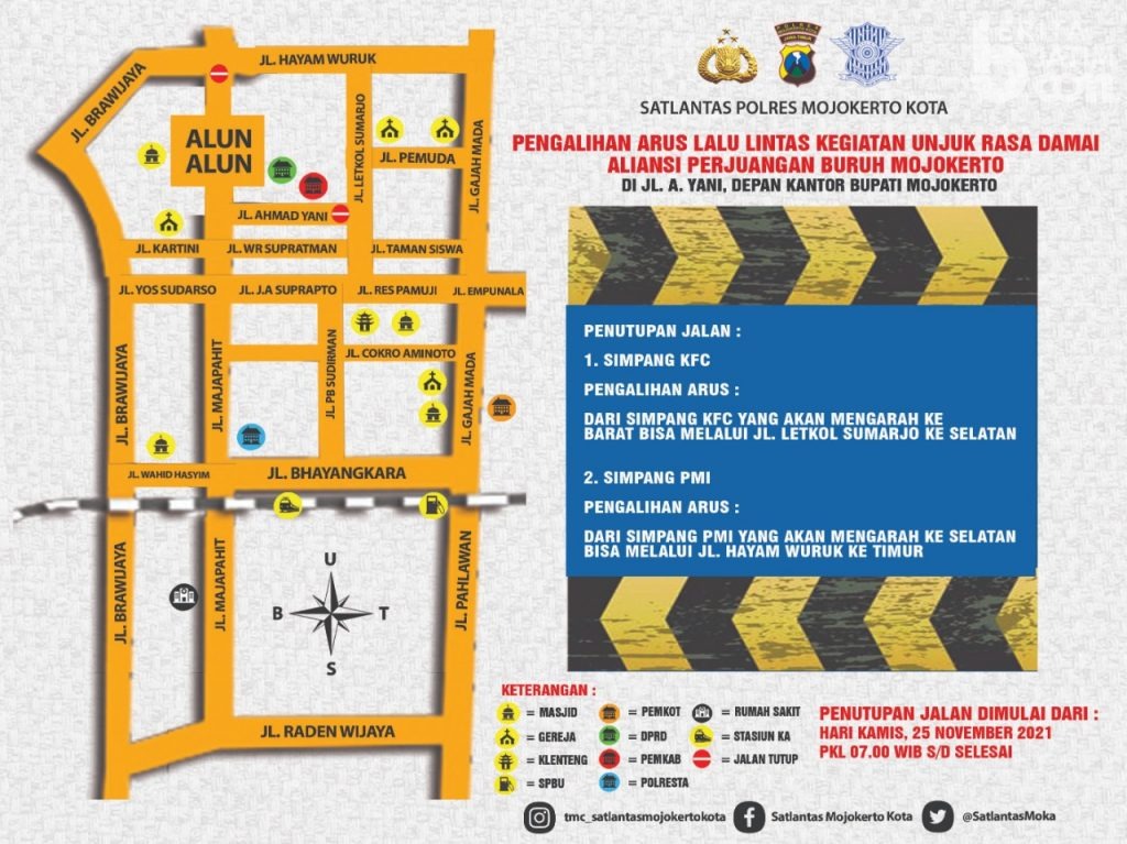 Ada Demo Buruh, Satlantas Polresta Mojokerto Lakukan Pengalihan Arus di Dua Ruas Jalan