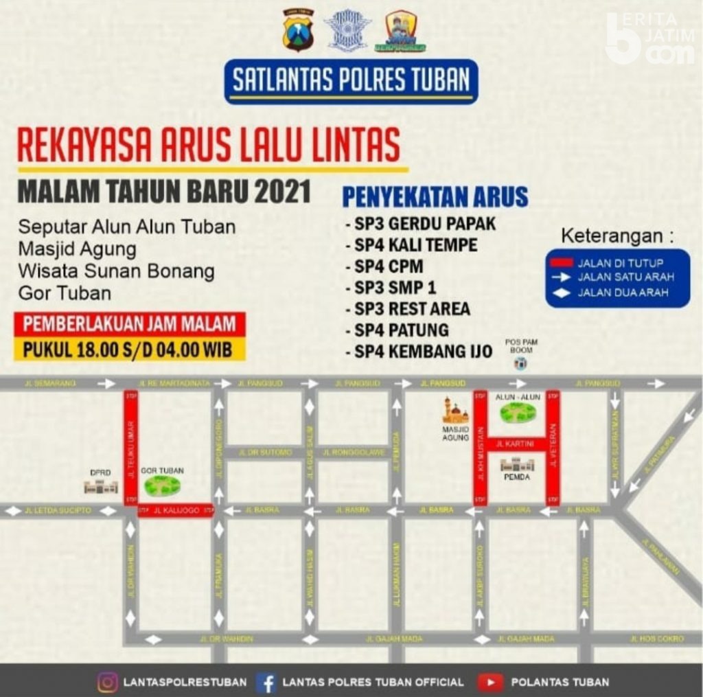Malam Tahun Baru, Ini Jalan Protokol di Tuban yang Ditutup Total
