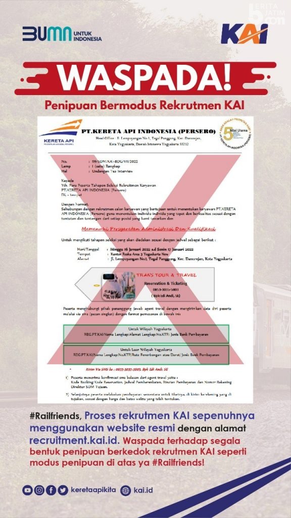Waspada Rekrutmen Palsu Mengatasnamakan PT KAI