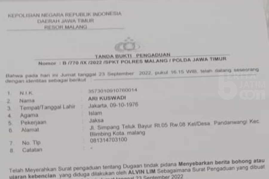 Persatuan Jaksa Laporkan Alvin Lim ke Polres Malang