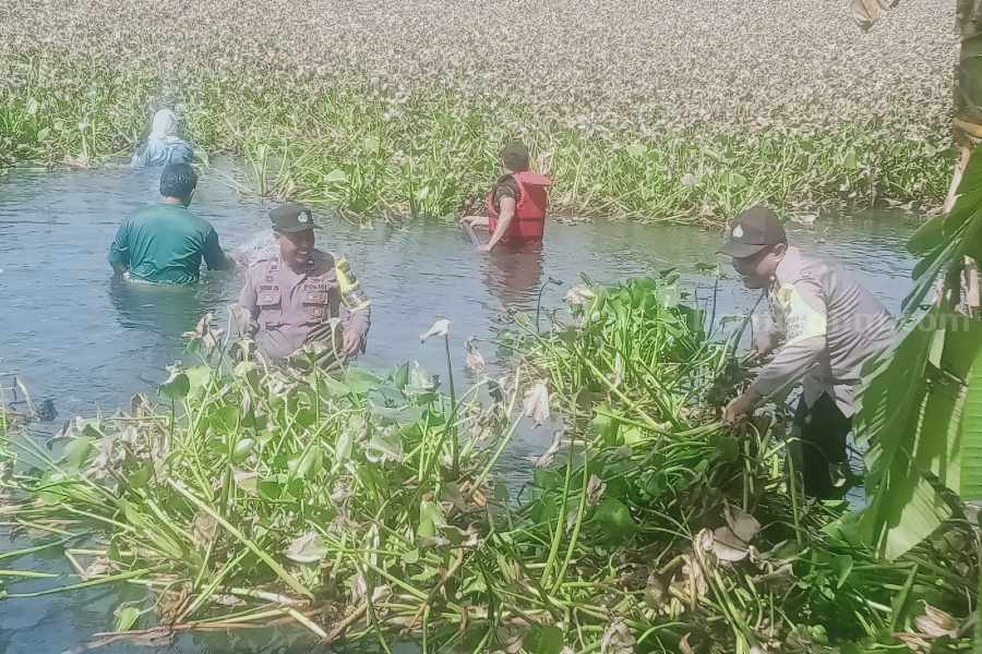 Antisipasi Banjir, Bhabinkamtibmas di Lamongan Ajak Warga Bersihkan Eceng Gondok
