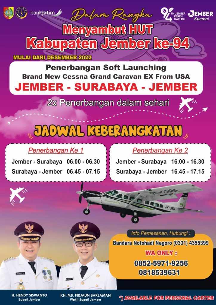 Pesawat Cessna Grand Caravan Akan Beroperasi di Jember Selama 3 Bulan