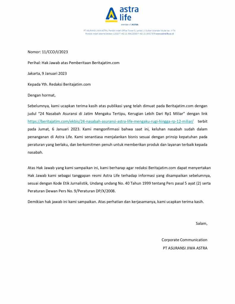 Hak Jawab Astra Life