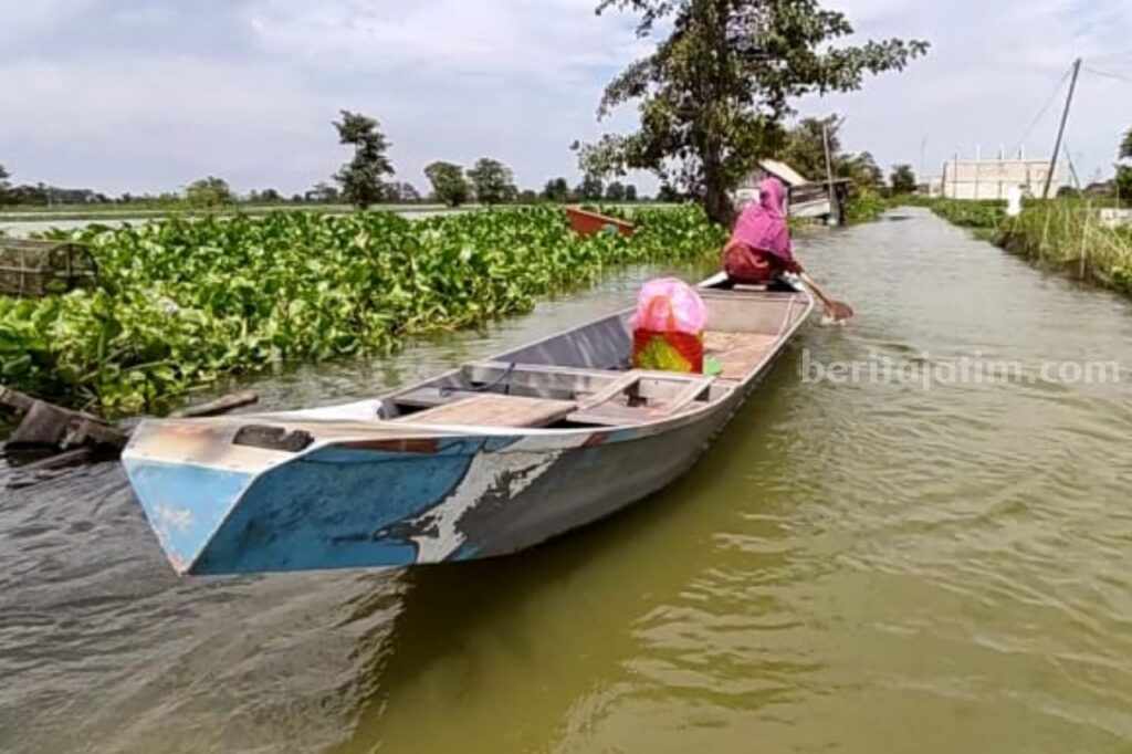 Warga di Lamongan yang menggunakan moda transportasi perahu akibat akses jalan desa putus diterjang banjir.