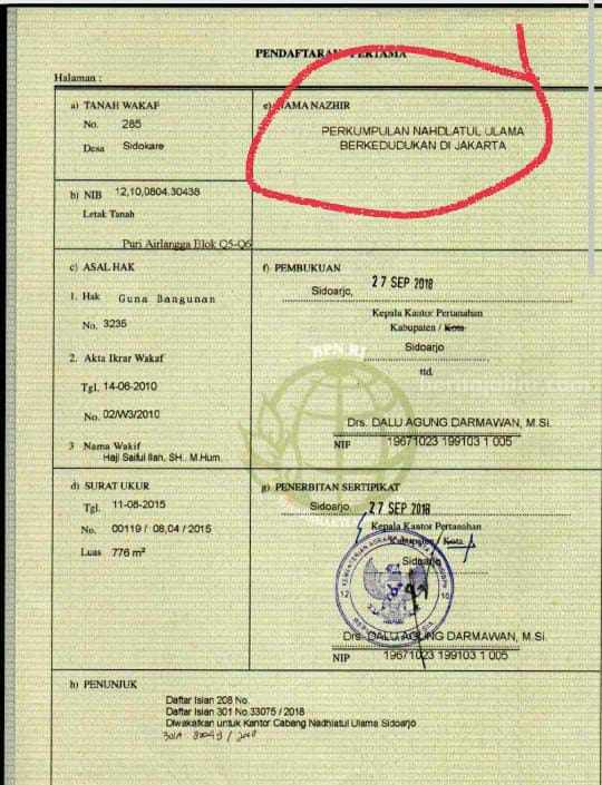 Dokumentasi ikrar wakaf tanah dan bangunan dari wakif H. Saiful llah kepada NU