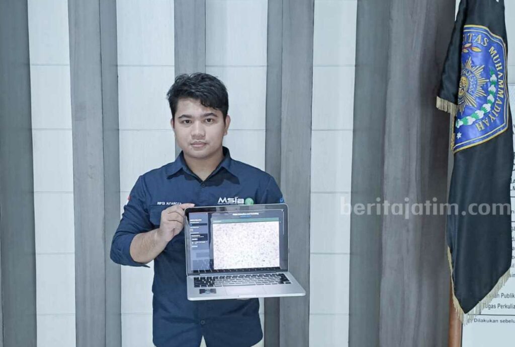 Mohammad Rifqi Nur Faroza, mahasiswa UMM saat menunjukkan prototipe alat yang dibuatnya