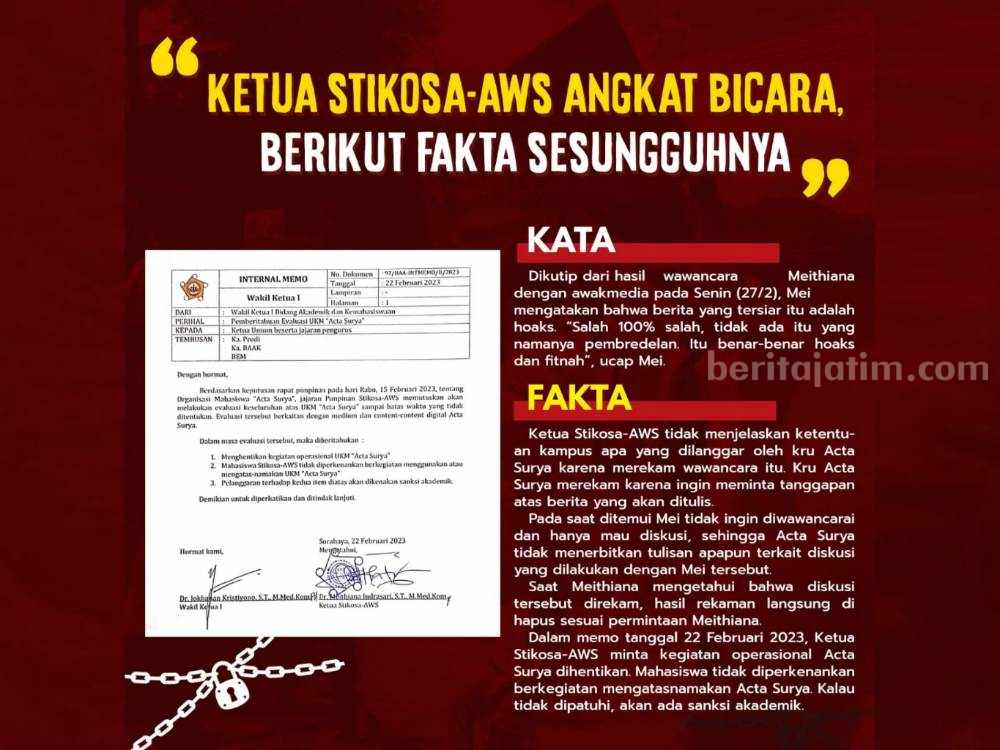 Fakta yang dibeberkan LPM Acta Surya terkait pernyataan Ketua Stikosa AWS. (Instagram @actasurya)