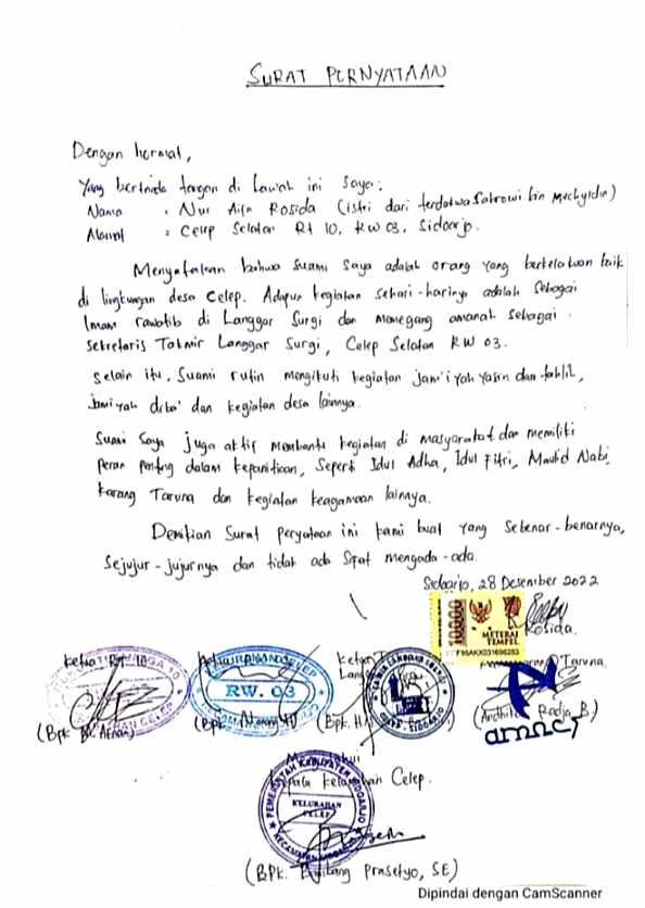 Surat pernyataan tokoh masyarakat Kelurahan Celep Sidoarjo soal kepribadian OWI