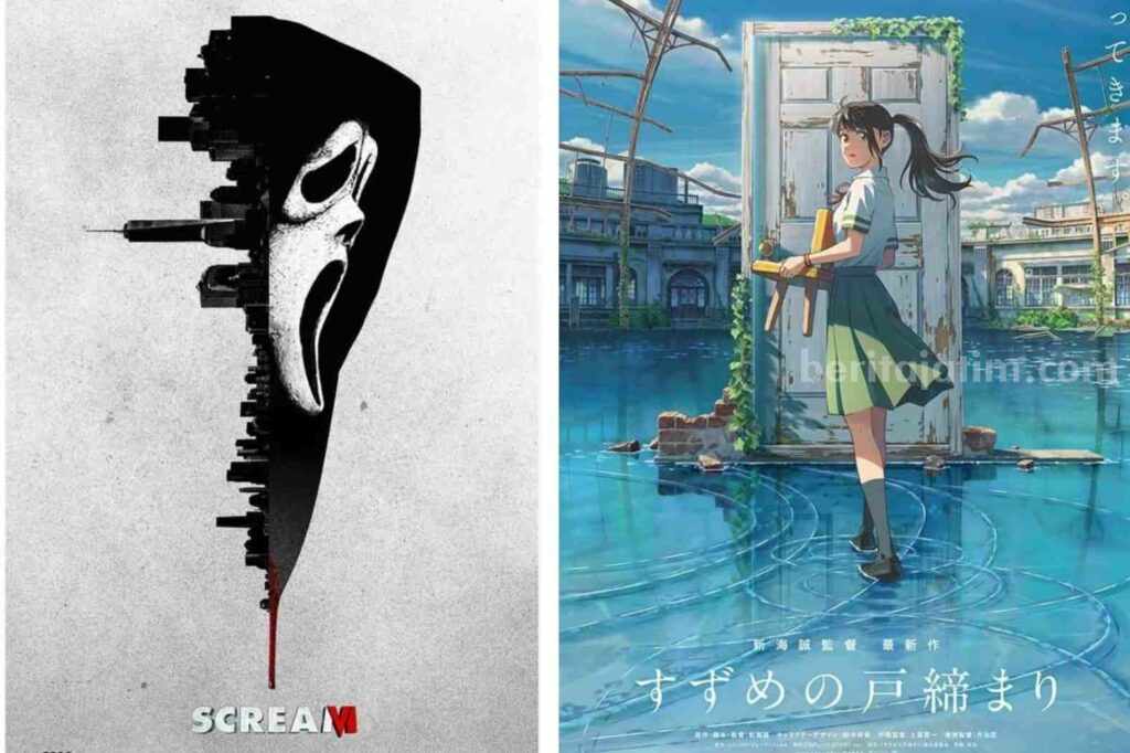 Poster resmi film Scream VI dan Suzume no Tojimari yang akan tayang di minggu kedua bulan Maret. (Instagram)