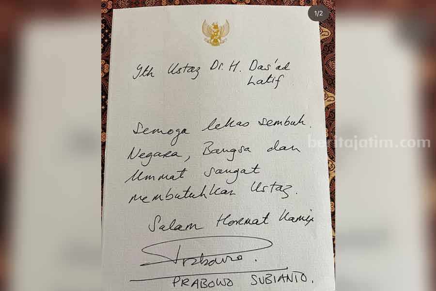 Menteri Pertahanan RI Prabowo Subianto menuliskan sebuah surat yang dilayangkan kepada Ustad Das’ad Latif.