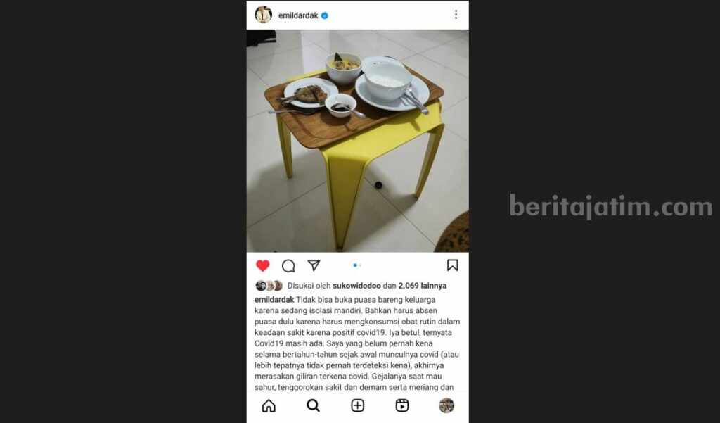 Akun IG pribadi Wagub Jatim Emil Dardak yang dipantau beritajatim.com, Rabu (5/4/2023) malam.