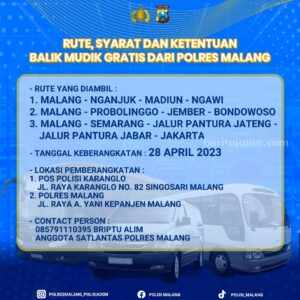 Polres Malang tambah rute tujuan dalam Program Balik Mudik Gratis 2023. Polres Malang tambah rute tujuan dalam Program Balik Mudik Gratis 2023.