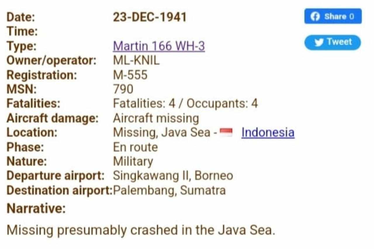 Data tentang Pesawat Martin 166 WH-3 Milik ML-KNIL yang dinyatakan hilang dan jatuh di Laut Jawa (Foto: Istimewa)