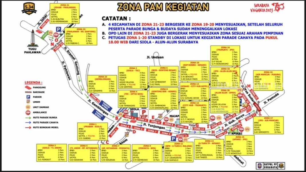 Penutupan jalan dan pengalihan arus lalu lintas untuk kelancaran berjalannya event Surabaya Vaganza 2023.