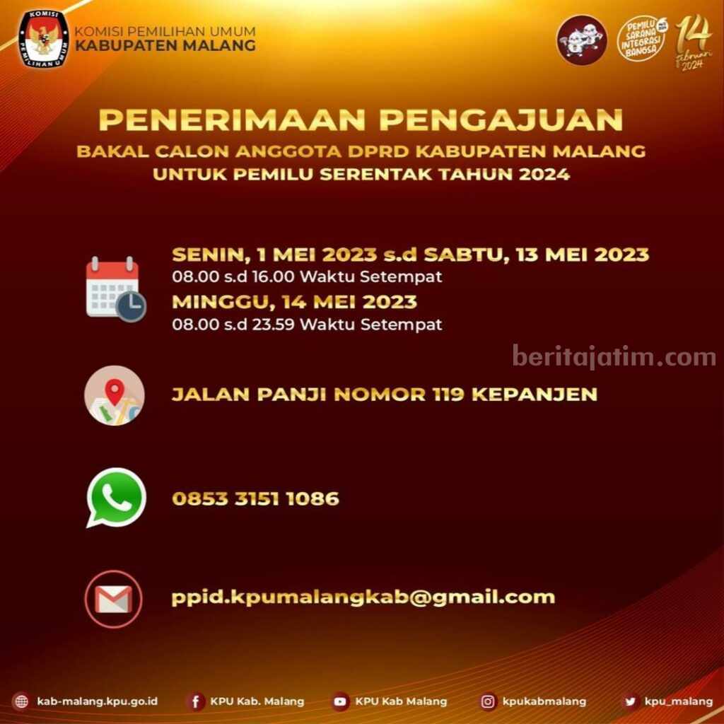 KPU Kabupaten Malang mulai membuka pendaftaran Bakal Calon Anggota DPRD dalam Pemilu 2024 mendatang, Senin (1/5/2023). KPU Kabupaten Malang mulai membuka pendaftaran Bakal Calon Anggota DPRD dalam Pemilu 2024 mendatang, Senin (1/5/2023).
