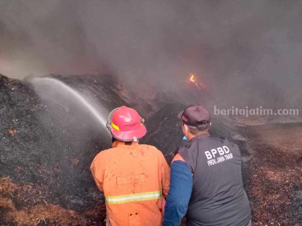 Petugas BPBD Kabupaten Mojokerto melakukan pemadaman di pabrik jamur di Desa Jatirejo, Kecamatan Jatirejo, Kabupaten Mojokerto. [Foto : ist]