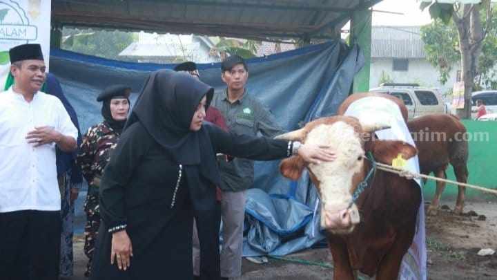 Bupati Mojokerto Ikfina Fahmawati saat melaksanakan sholat Idul Adha di Masjid Baitul Muttaqin, Desa Kutorejo, Kecamatan Kutorejo, Kabupaten Mojokerto. [Foto : ist]