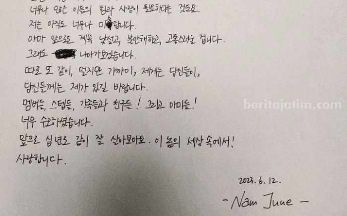Surat Penuh Haru Kim Namjoon untuk Anniversary 10 Tahun BTS, Begini Isinya Surat Kim Namjoon. (Sumber foto: Instagram/@rkive)