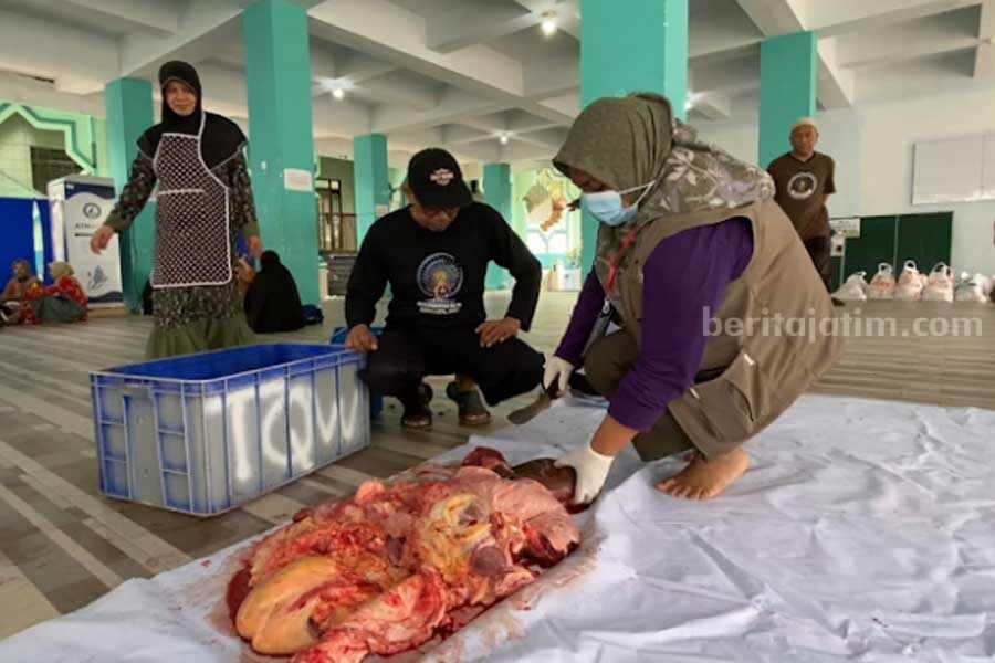 Persatuan Dokter Hewan Indonesia (PDHI) Jawa Timur VIII memeriksa organ hati hewan kurban di Masjid At Taqwa, Jalan HOS Cokroaminoto, Kota Blitar.