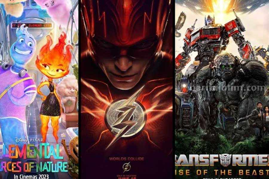Poster film Elemental Forces and Nature, The Flash, dan Transformers: Rise of The Beasts, yang tayang di bioskop pada akhir Juni 2023.