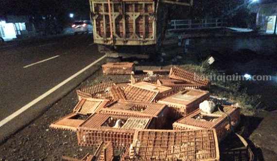 Kandang ayam berserakan usai truk mengelami kecelakaan, Kamis (8/6/2023) malam