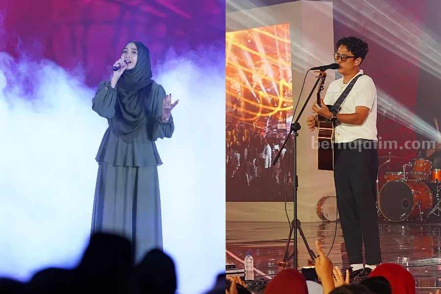 Penampilan penyanyi Budi Doremi dan Alfina Nindiani dalam pembukaan MQKN di Pesantren Sunan Drajat Lamongan.
