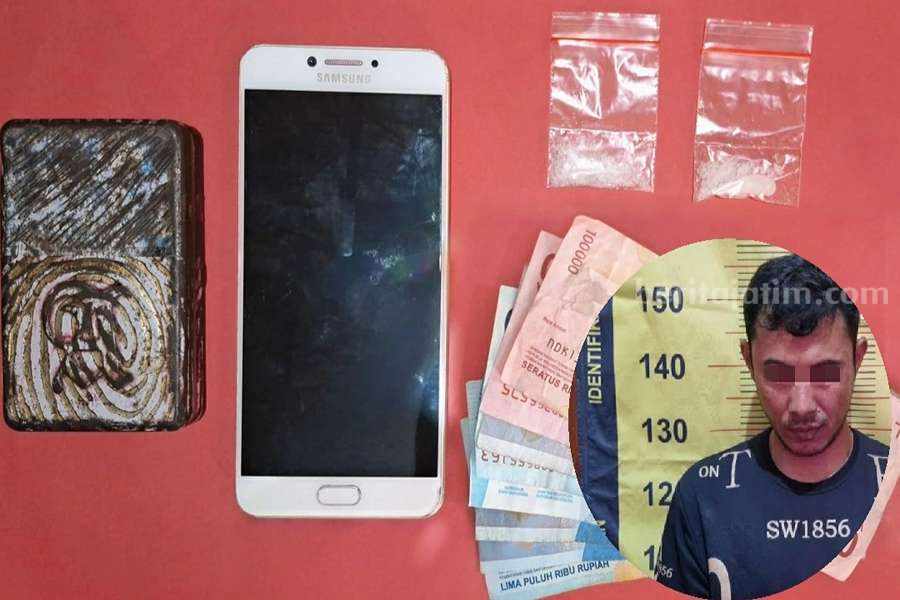 Pelaku Mustakim dan barang bukti.