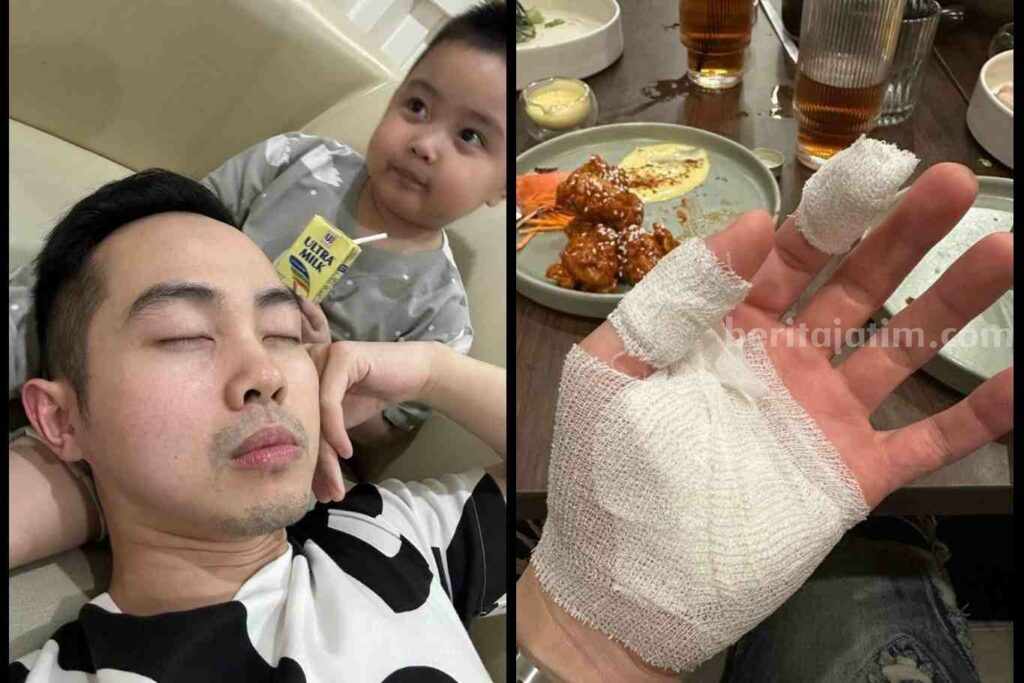Potret Selebgram Michael Rendy Wiyono dan sang anak, Clayton Wiyono (kiri) dan kondisi tangan Rendy usai terkena senjata tajam ketika melawan aksi perampok yang ternyata tetangganya sendiri. (Sumber foto: Threads michaelrendyw)