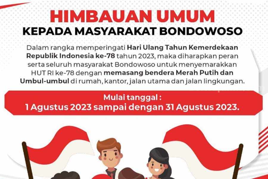 Jelang Bulan Kemerdekaan, Pemkab Bondowoso Imbau Warga Kibarkan Bendera Imbauan untuk kibarkan bendera oleh Pemerintah Kabupaten Bondowoso.