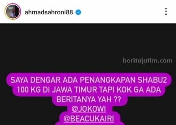 Postingan Ahmad Sahroni terkait penangkapan 100 Kg sabu-sabu.