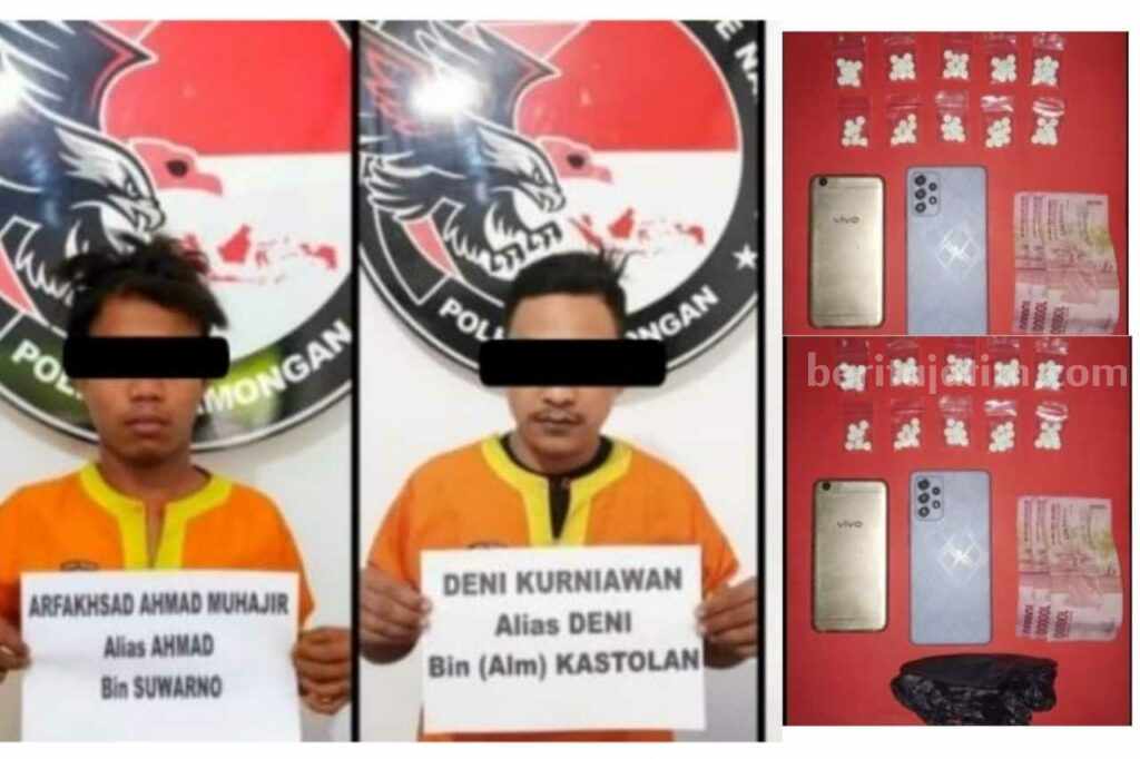 Di antara para pelaku narkoba beserta barang bukti yang berhasil diamankan oleh Polres Lamongan.