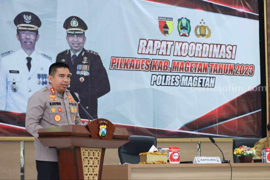 Rakor Pengamanan Pilkades Serentak Magetan di Aula Pesat Gatra Mako Polres Magetan, Senin (28/8/2023)