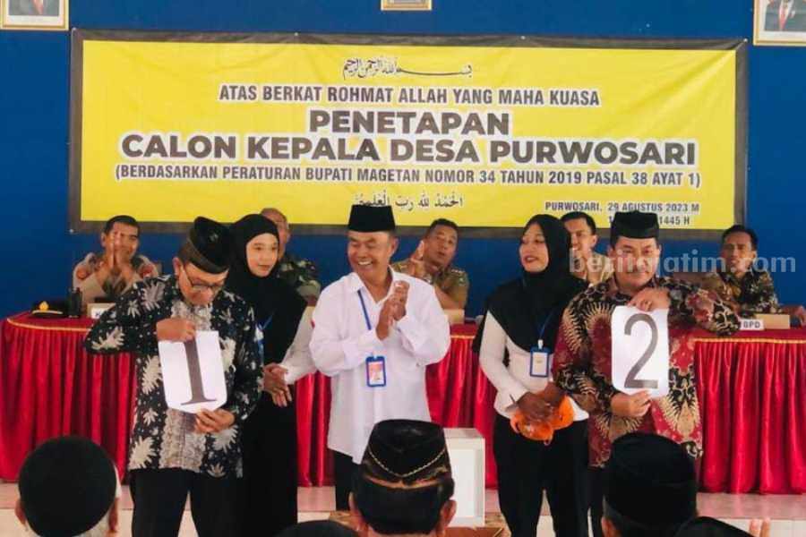 Pilkades Magetan, Suami Lawan Istri, Anak Lawan Ibu Pengumuman cakades dan penentuan nomor urut di Desa Purwosari Kecamatan Magetan, Selasa (29/8/2023)