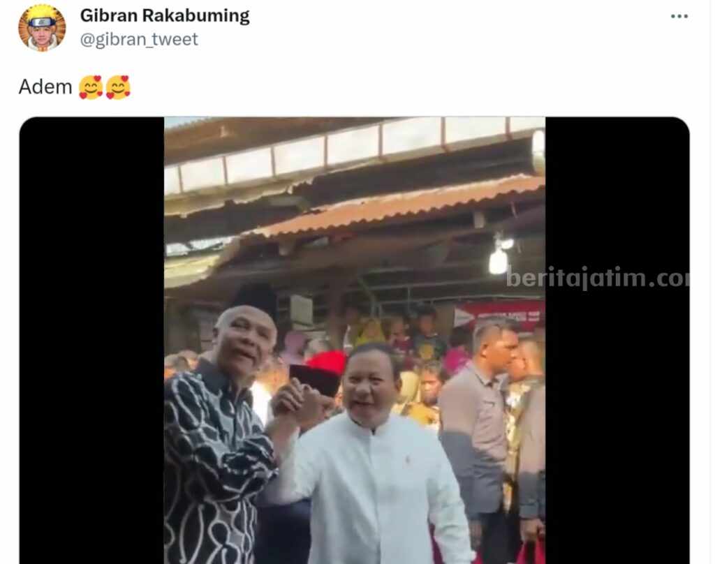 Gibran Unggah Video Ganjar-Prabowo Adem, Warganet: Capres-Cawapres? Tangkapan layar unggahan Wali Kota Solo, Gibran dalam akun Twitternya. (Foto: Twitter @gibran_tweet)