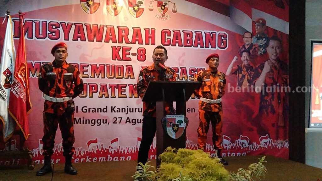 Ketua Pemuda Pancasila Kabupaten Malang, Priyo 'Bogank' Sudibyo, usai terpilih secara aklamasi, Minggu (27/8/2023).