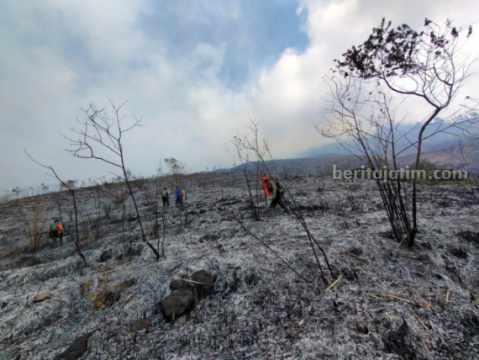 Kebakaran Lereng Gunung Arjuno Meluas Hingga Pasuruan dan Mojokerto Kondisi kebakaran lahan semak belukar dan rerumputan di lereng Gunung Arjuno, Kabupaten Malang, Jawa Timur, Minggu (27/8/2023). (Dok. BNPB)