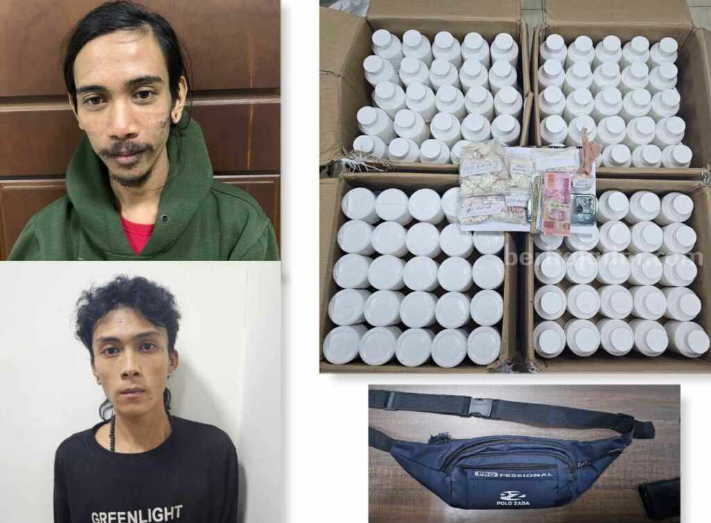 Dua Orang Edarkan Ribuan Pil Koplo di Tempat Kos Gresik Dua tersangka pengedar ribuan pil koplo saat diamankan di Mapolres Gresik